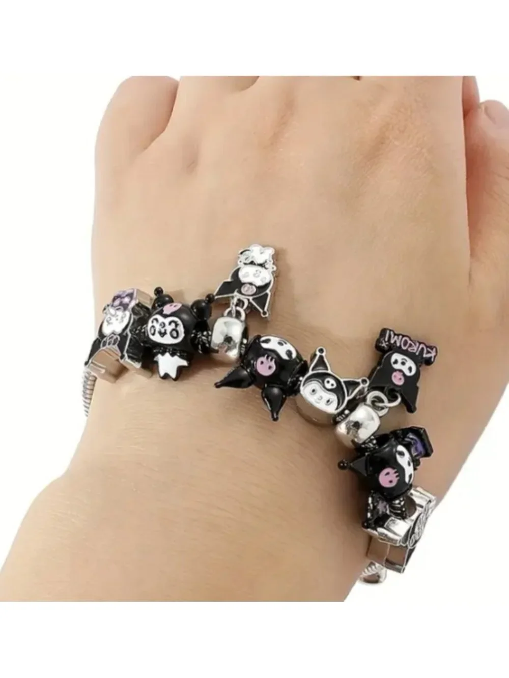 Kuromi Black & Silver Charm Bracelet – Beaded Statement Jewelry, Cute Gothic Gif